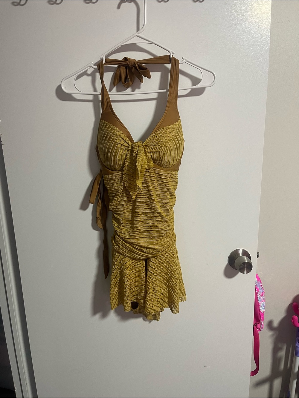 Amazon Women's Mustard Yellow Halter One-Piece Swimsuit with Skirt